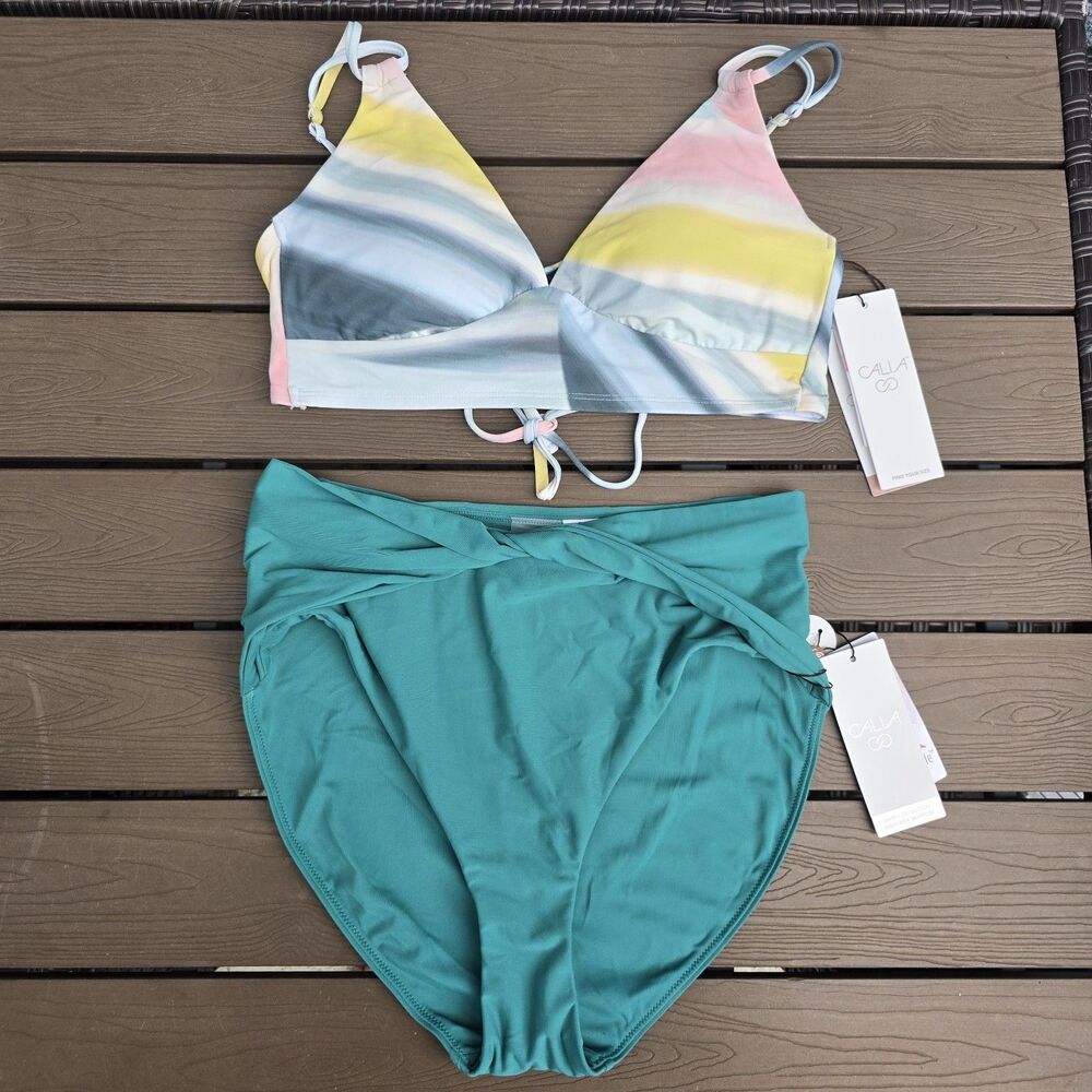 CALIA Women Sediment Puya Triangle Bikini Top & High Rise Twist Bikini Sz M New
